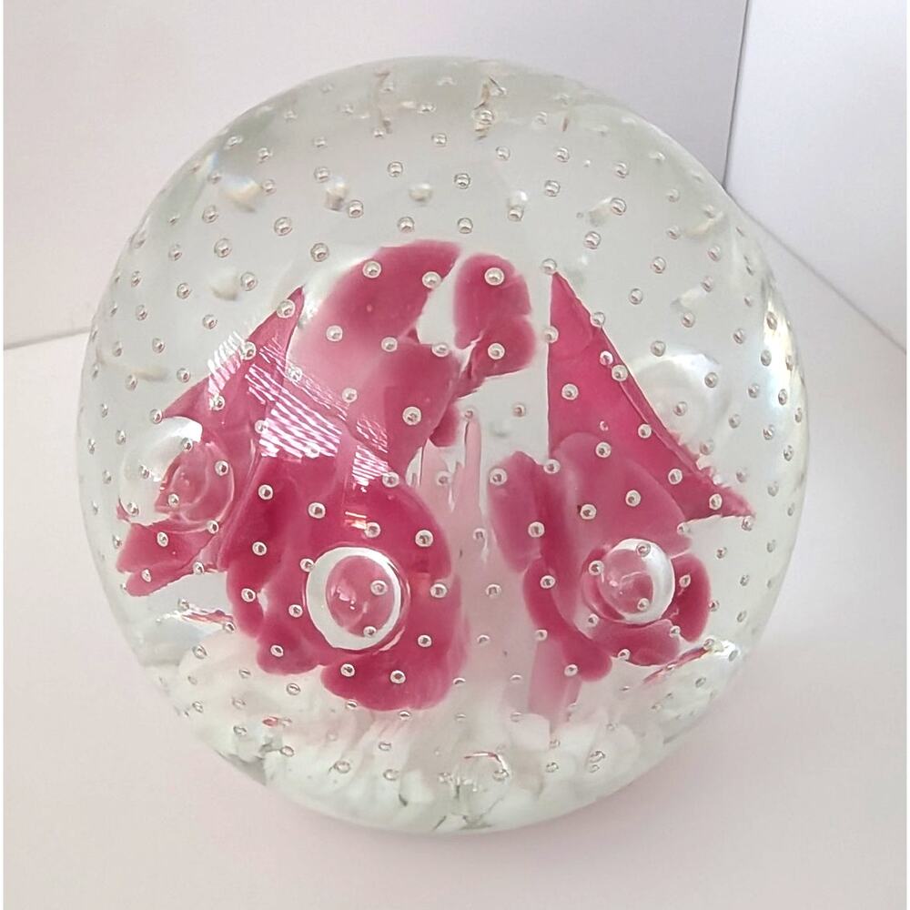 Joe St Clair Signed Art Glass Paperweight Pink Rose Bouquet Controlled Bubble